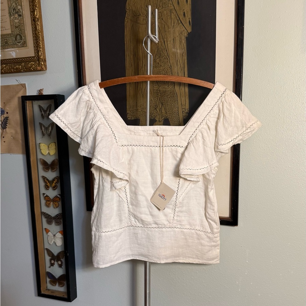 NWT! 🖤 Faherty 🖤 Mariposa 💯 Linen Cream Ruffle Flouncy Sleeveless Blouse XS